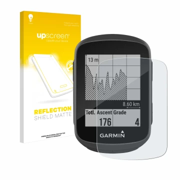 Parte frontale di una confezione del prodotto con il logo del marchio upscreen. Accanto è raffigurato il dispositivo Garmin Ed