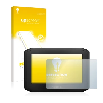 Parte frontale di una confezione del prodotto con il logo del marchio upscreen. Accanto è raffigurato il dispositivo Garmin zu
