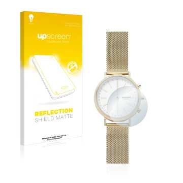 Parte frontale di una confezione del prodotto con il logo del marchio upscreen. Accanto è raffigurato il dispositivo Skagen Hy