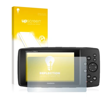 Parte frontale di una confezione del prodotto con il logo del marchio upscreen. Accanto è raffigurato il dispositivo Garmin GP