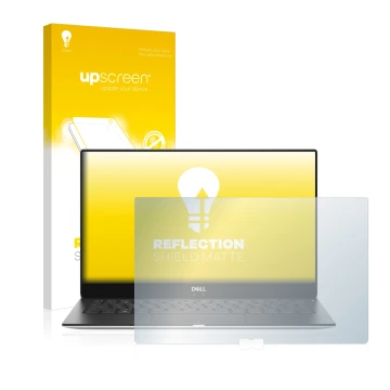 Parte frontale di una confezione del prodotto con il logo del marchio upscreen. Accanto è raffigurato il dispositivo Dell XPS 