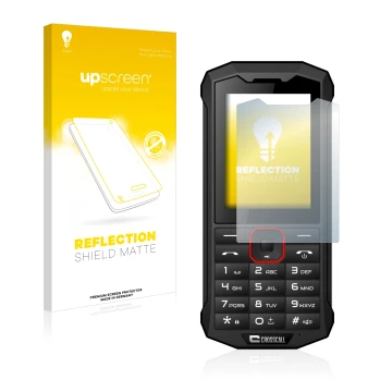 Parte frontale di una confezione del prodotto con il logo del marchio upscreen. Accanto è raffigurato il dispositivo Crosscall