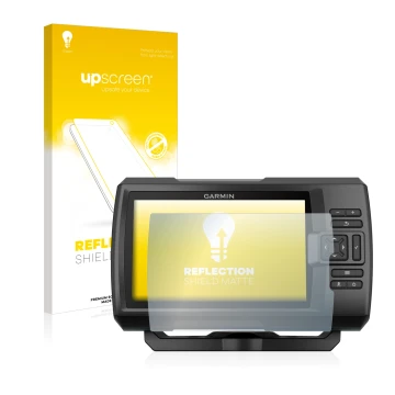 Parte frontale di una confezione del prodotto con il logo del marchio upscreen. Accanto è raffigurato il dispositivo Garmin St