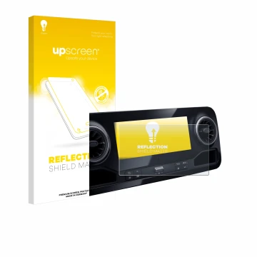 Parte frontale di una confezione del prodotto con il logo del marchio upscreen. Accanto è raffigurato il dispositivo Mercedes-