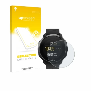 Parte frontale di una confezione del prodotto con il logo del marchio upscreen. Accanto è raffigurato il dispositivo Suunto 3 