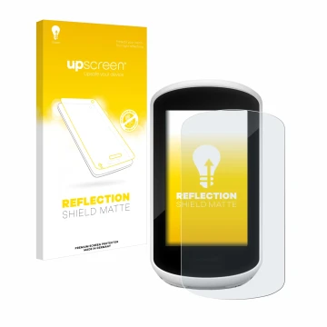 Parte frontale di una confezione del prodotto con il logo del marchio upscreen. Accanto è raffigurato il dispositivo Garmin Ed