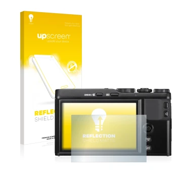 Parte frontale di una confezione del prodotto con il logo del marchio upscreen. Accanto è raffigurato il dispositivo Fujifilm 