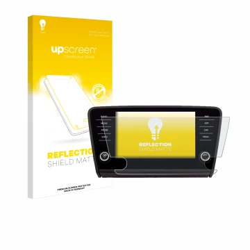 Parte frontale di una confezione del prodotto con il logo del marchio upscreen. Accanto è raffigurato il dispositivo Skoda Amu