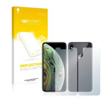 Parte frontale di una confezione del prodotto con il logo del marchio upscreen. Accanto è raffigurato il dispositivo Apple iPh