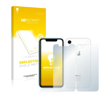 Parte frontale di una confezione del prodotto con il logo del marchio upscreen. Accanto è raffigurato il dispositivo Apple iPh