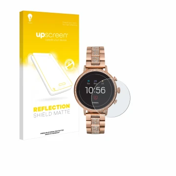 Parte frontale di una confezione del prodotto con il logo del marchio upscreen. Accanto è raffigurato il dispositivo Fossil Q 