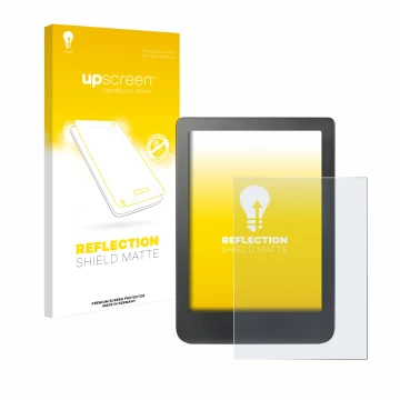 Parte frontale di una confezione del prodotto con il logo del marchio upscreen. Accanto è raffigurato il dispositivo Kobo Clar