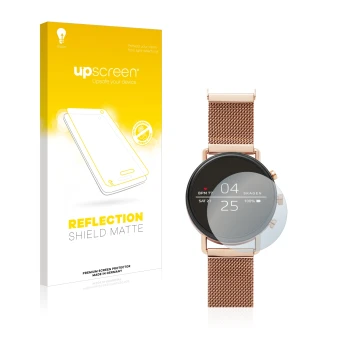 Parte frontale di una confezione del prodotto con il logo del marchio upscreen. Accanto è raffigurato il dispositivo Skagen Sm