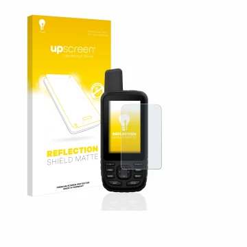 Parte frontale di una confezione del prodotto con il logo del marchio upscreen. Accanto è raffigurato il dispositivo Garmin GP