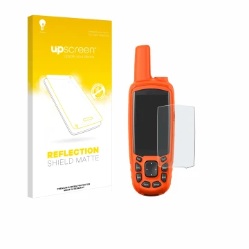 Parte frontale di una confezione del prodotto con il logo del marchio upscreen. Accanto è raffigurato il dispositivo Garmin As