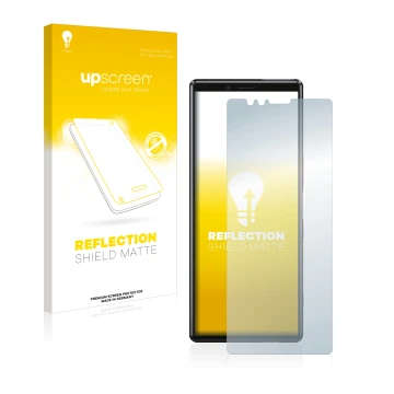 Parte frontale di una confezione del prodotto con il logo del marchio upscreen. Accanto è raffigurato il dispositivo Sony Xper