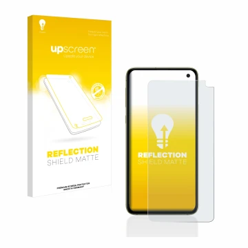 Parte frontale di una confezione del prodotto con il logo del marchio upscreen. Accanto è raffigurato il dispositivo Samsung G