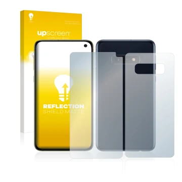 Parte frontale di una confezione del prodotto con il logo del marchio upscreen. Accanto è raffigurato il dispositivo Samsung G