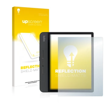 Parte frontale di una confezione del prodotto con il logo del marchio upscreen. Accanto è raffigurato il dispositivo Kobo Form