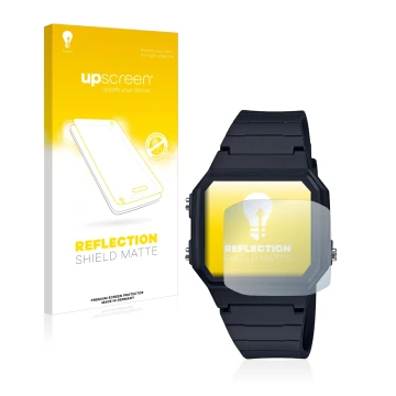Parte frontale di una confezione del prodotto con il logo del marchio upscreen. Accanto è raffigurato il dispositivo Casio Uni