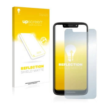 Parte frontale di una confezione del prodotto con il logo del marchio upscreen. Accanto è raffigurato il dispositivo Motorola 