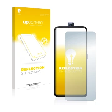 Parte frontale di una confezione del prodotto con il logo del marchio upscreen. Accanto è raffigurato il dispositivo Oppo F11 