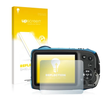 Parte frontale di una confezione del prodotto con il logo del marchio upscreen. Accanto è raffigurato il dispositivo Fujifilm 