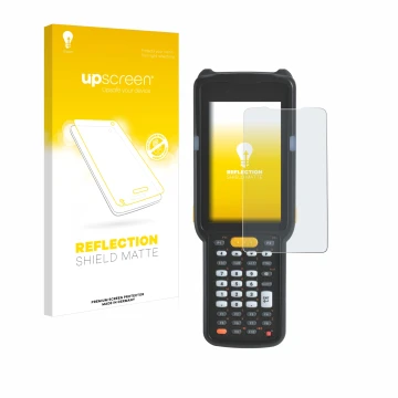 Parte frontale di una confezione del prodotto con il logo del marchio upscreen. Accanto è raffigurato il dispositivo Zebra MC3