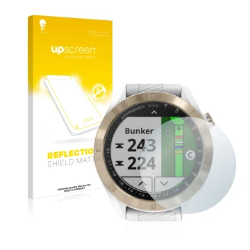 Parte frontale di una confezione del prodotto con il logo del marchio upscreen. Accanto è raffigurato il dispositivo Garmin Ap