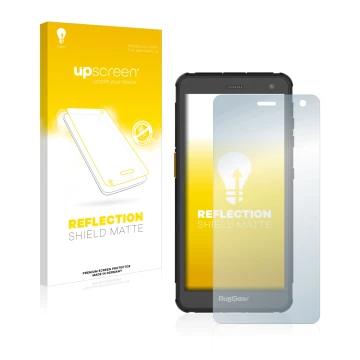 Parte frontale di una confezione del prodotto con il logo del marchio upscreen. Accanto è raffigurato il dispositivo RugGear R