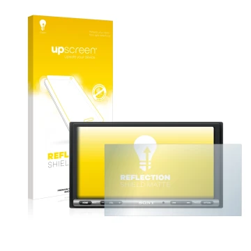 Parte frontale di una confezione del prodotto con il logo del marchio upscreen. Accanto è raffigurato il dispositivo Sony XAV-