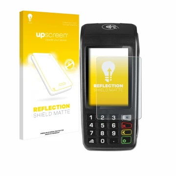 Parte frontale di una confezione del prodotto con il logo del marchio upscreen. Accanto è raffigurato il dispositivo ingenico 