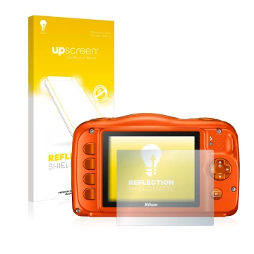 Parte frontale di una confezione del prodotto con il logo del marchio upscreen. Accanto è raffigurato il dispositivo Nikon Coo