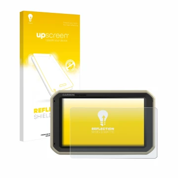 Parte frontale di una confezione del prodotto con il logo del marchio upscreen. Accanto è raffigurato il dispositivo Garmin Ov