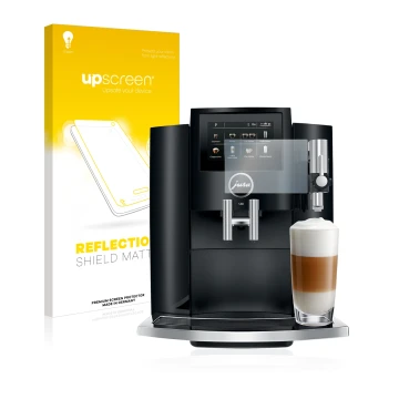 Parte frontale di una confezione del prodotto con il logo del marchio upscreen. Accanto è raffigurato il dispositivo Jura S8 c