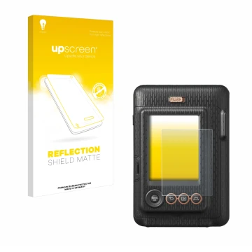 Parte frontale di una confezione del prodotto con il logo del marchio upscreen. Accanto è raffigurato il dispositivo Fujifilm 