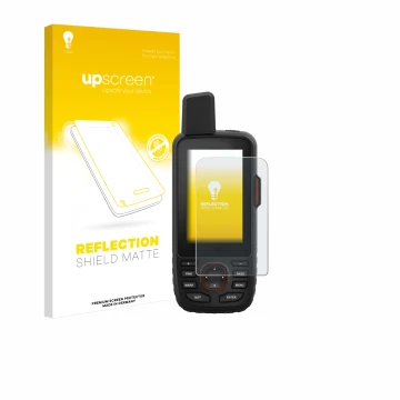 Parte frontale di una confezione del prodotto con il logo del marchio upscreen. Accanto è raffigurato il dispositivo Garmin GP