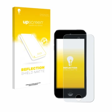 Parte frontale di una confezione del prodotto con il logo del marchio upscreen. Accanto è raffigurato il dispositivo Apple iPo