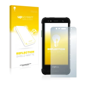 Parte frontale di una confezione del prodotto con il logo del marchio upscreen. Accanto è raffigurato il dispositivo Cyrus CS4