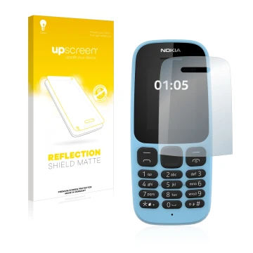 Parte frontale di una confezione del prodotto con il logo del marchio upscreen. Accanto è raffigurato il dispositivo Nokia 105