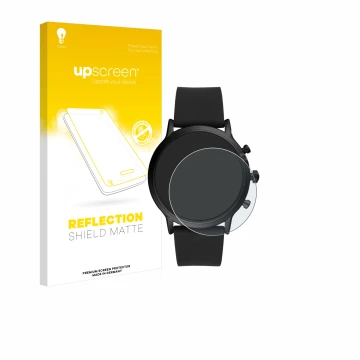 Parte frontale di una confezione del prodotto con il logo del marchio upscreen. Accanto è raffigurato il dispositivo Fossil Th