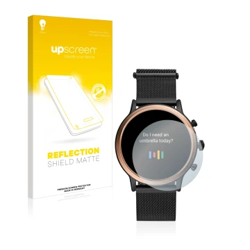 Parte frontale di una confezione del prodotto con il logo del marchio upscreen. Accanto è raffigurato il dispositivo Fossil Ju