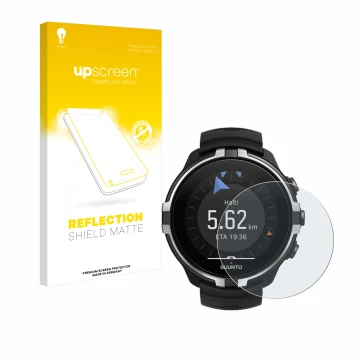 Parte frontale di una confezione del prodotto con il logo del marchio upscreen. Accanto è raffigurato il dispositivo Suunto Sp