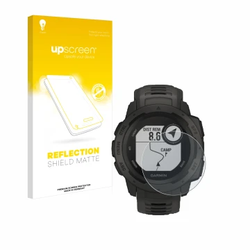 Parte frontale di una confezione del prodotto con il logo del marchio upscreen. Accanto è raffigurato il dispositivo Garmin In