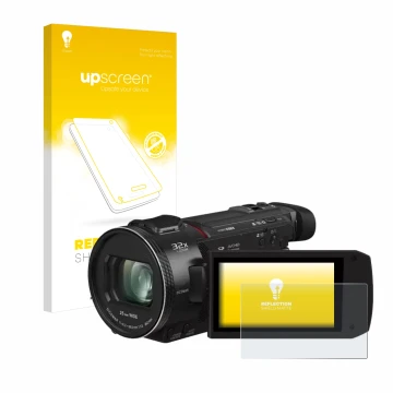 Parte frontale di una confezione del prodotto con il logo del marchio upscreen. Accanto è raffigurato il dispositivo Panasonic