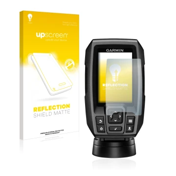 Parte frontale di una confezione del prodotto con il logo del marchio upscreen. Accanto è raffigurato il dispositivo Garmin St