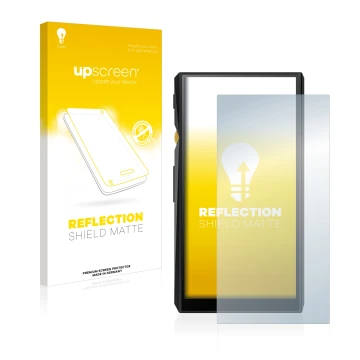 Parte frontale di una confezione del prodotto con il logo del marchio upscreen. Accanto è raffigurato il dispositivo FiiO M11 