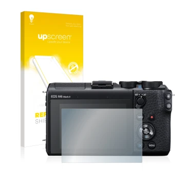 Parte frontale di una confezione del prodotto con il logo del marchio upscreen. Accanto è raffigurato il dispositivo Canon EOS