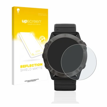 Parte frontale di una confezione del prodotto con il logo del marchio upscreen. Accanto è raffigurato il dispositivo Garmin Fe