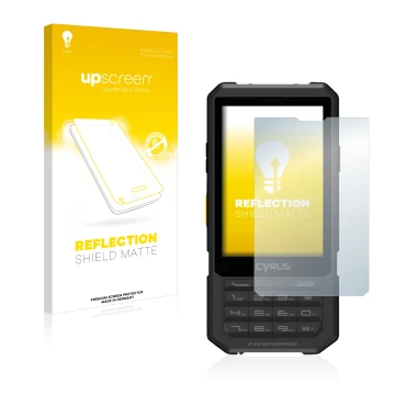 Parte frontale di una confezione del prodotto con il logo del marchio upscreen. Accanto è raffigurato il dispositivo Cyrus CM 